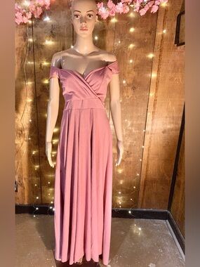 Elegant Off-Shoulder Dusty Rose Maxi Dress with Wrap Bodice